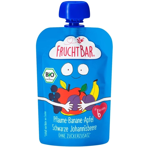 Фруктове пюре FruchtBar Банан, яблуко, слива та смородина, 100 г - Pampik