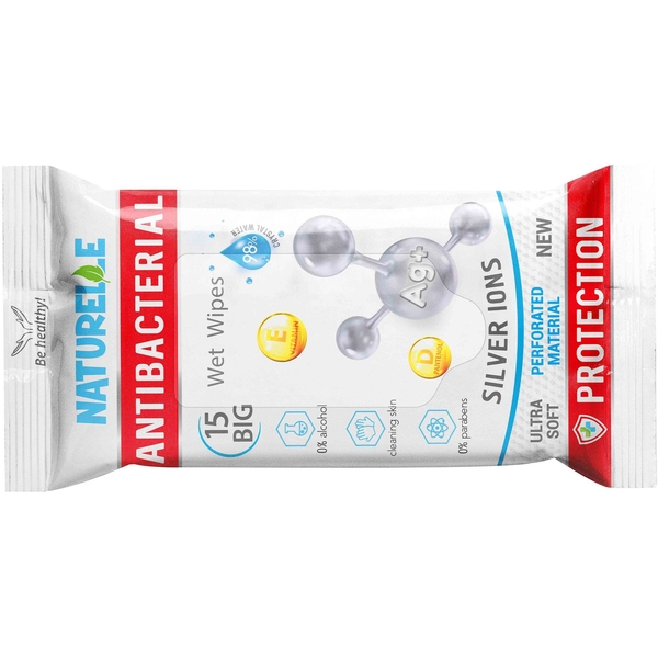 Вологі серветки Naturelle з Д-пантенолом, іонами срібла та Вітаміном Е, 15 шт. - Pampik