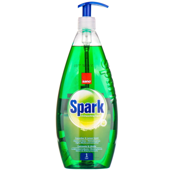 Засіб для миття посуду Sano Spark Огірок та Лайм, з дозатором, 1 л - Pampik
