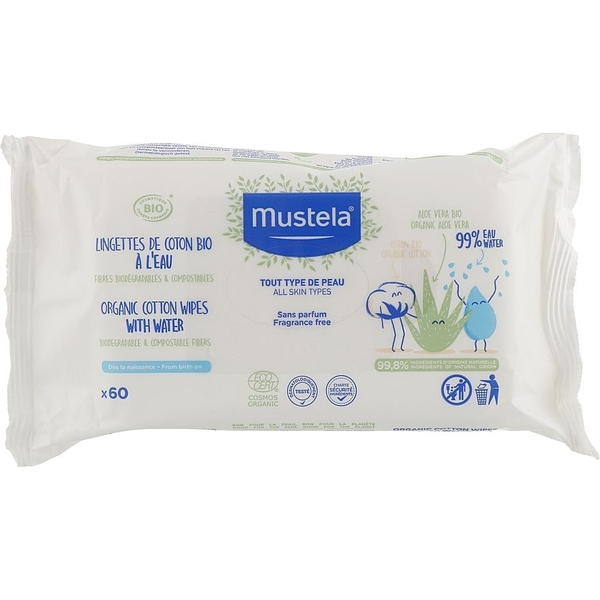 Влажные салфетки Mustela Baby Organic Cotton Wipes with Water 60 шт. - Pampik