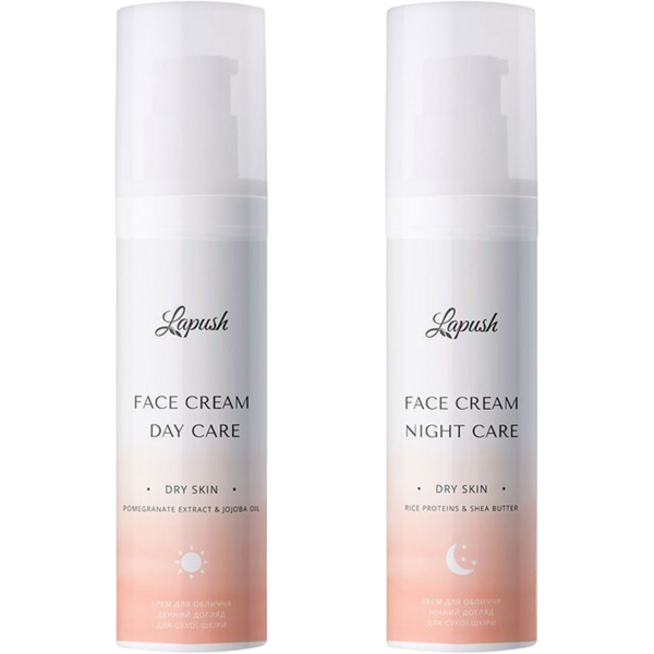 Набір для сухої шкіри Lapush Day & Night: Денний крем з гранатом та олією жожоба, 50 мл + Нічний крем із протеїнами рису та олією каріте, 50 мл - Pampik