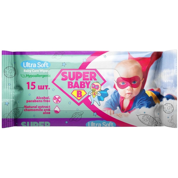 Влажные салфетки Super Baby SuperPack, ромашка и алоэ, 15 шт. - Pampik