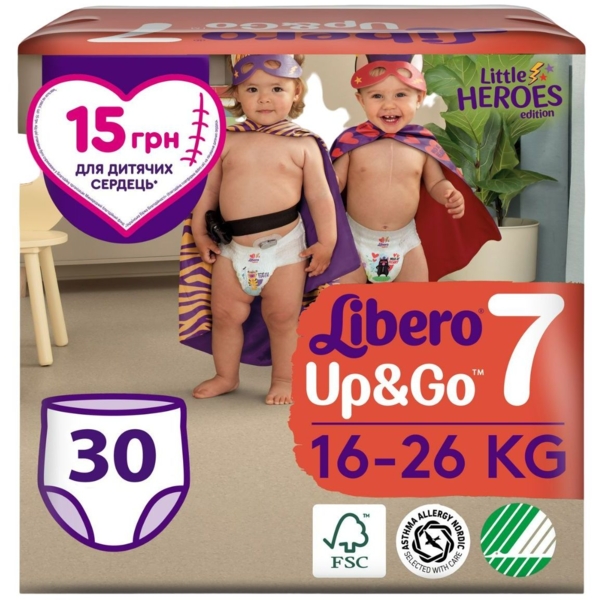 Підгузки-трусики Libero Up&Go Little Heroes 7 (16-26 кг), 30 шт. - Pampik