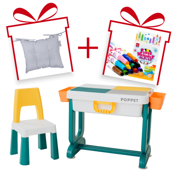 Комплект Poppet Столик Трансформер 6 в 1 + Стілець + Подушка на стілець + Набір фломастерів (PP-004-G) - Pampik