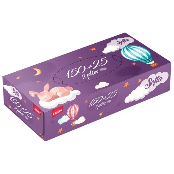 Салфетки сухие косметические Chisto Softa, двухслойные, 150+25 шт. - Pampik