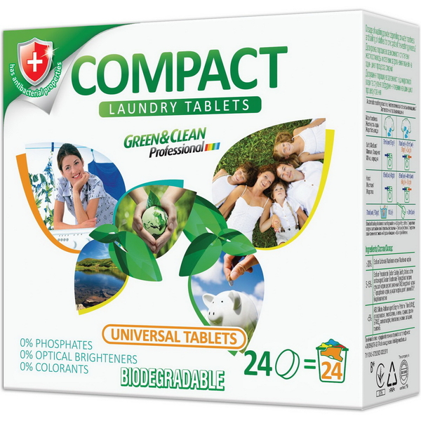 Таблетки для стирки Green & Clean Professional Compact универсальные, 24 таблетки - Pampik