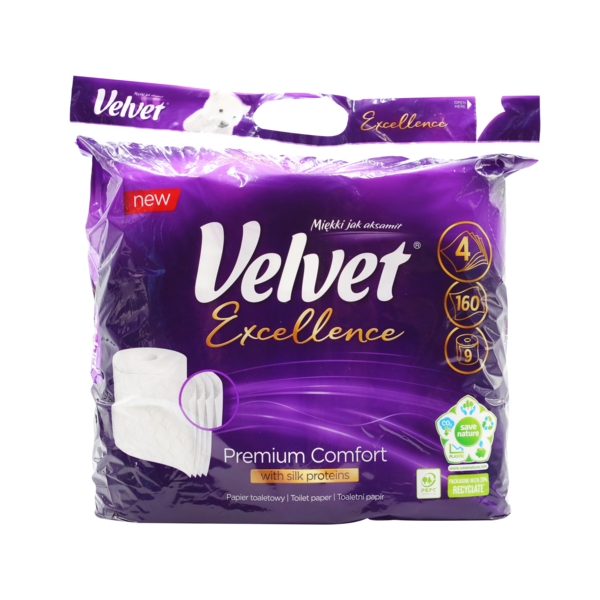 Туалетная бумага Velvet Excellence Silk Proteins, четырехслойная, 9 рулонов - Pampik