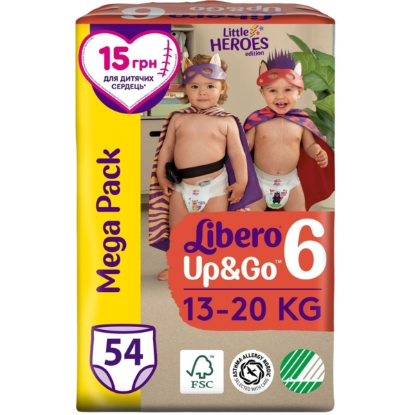 Підгузки-трусики Libero Up&Go Little Heroes 6 (13-20 кг), 54 шт. - Pampik