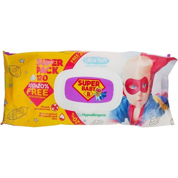 Влажные салфетки Super Baby SuperPack, ромашка и алоэ, 120 шт. - Pampik