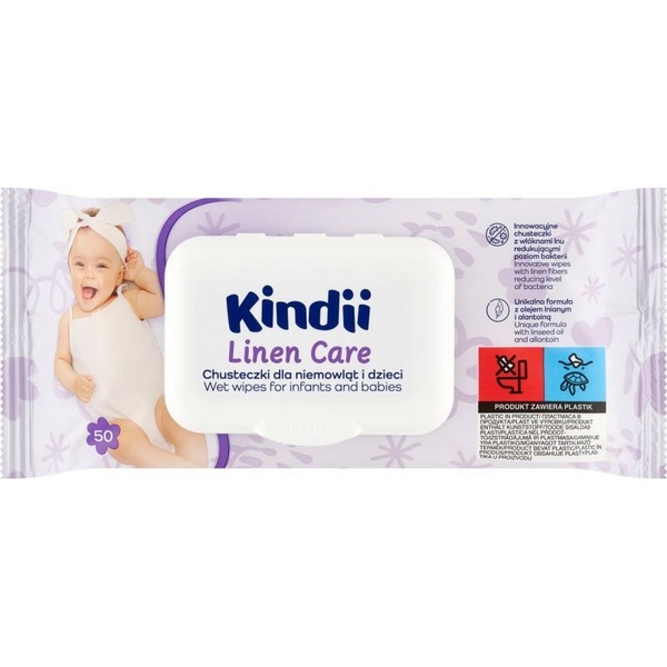 Вологі серветки Kindii Linen Care для немовлят, 50 шт. - Pampik