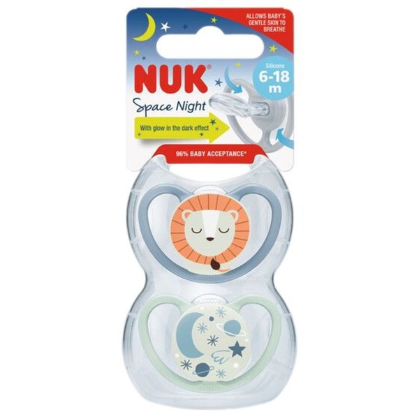 Пустышка ортодонтическая Nuk Space Night Львенок и звездное небо, pазмер 2, силиконовая, 2 шт. (3952640) - Pampik