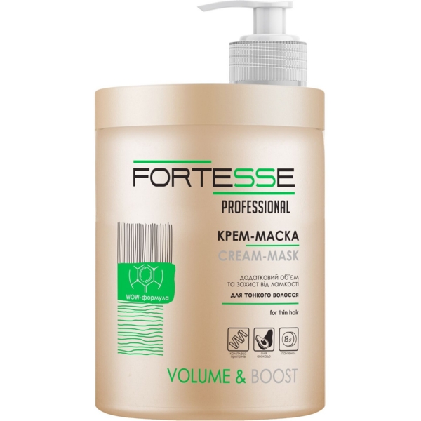 Маска-крем Fortesse Professional Volume & Boost Об'єм, для тонкого волосся, з дозатором, 1000 мл - Pampik