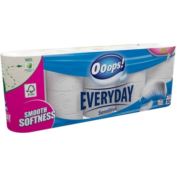 Туалетная бумага Ooops! EveryDay Sensetive, трехслойная, 10 рулонов - Pampik