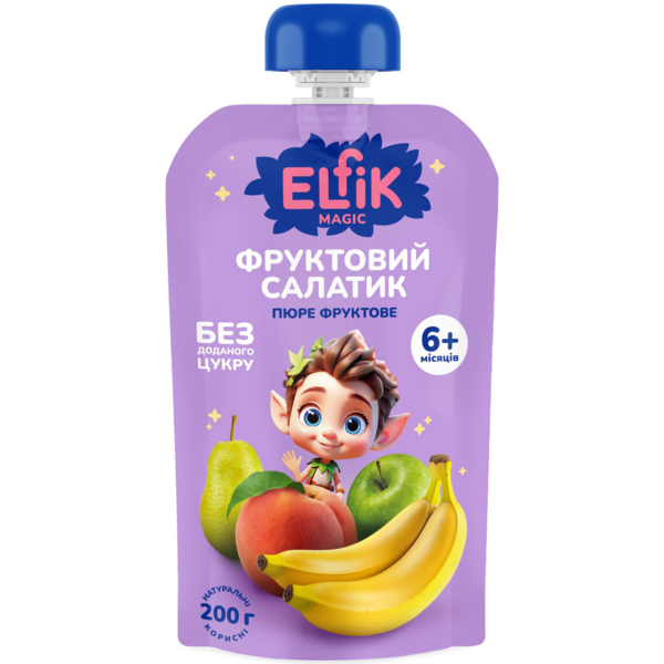 Пюре Elfik Magic Фруктовый салатик из яблок, груш, персиков и бананов, 200 г - Pampik
