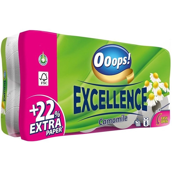 Туалетная бумага Ooops! Excellence Kamilla Ромашка, трехслойная, 8 рулонов - Pampik