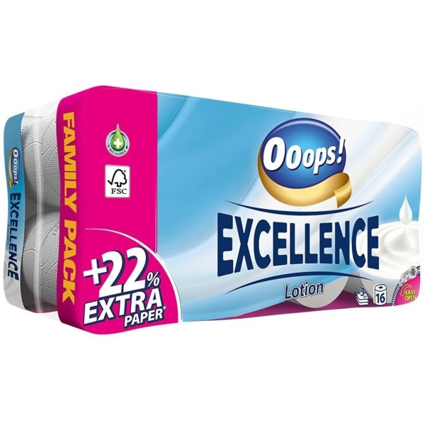 Туалетная бумага Ooops! Excellence Lotion, трехслойная, 16 рулонов - Pampik