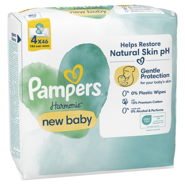 Дитячі вологі серветки Pampers Harmonie New Baby, 184 шт. (4 уп. по 46 шт.) - Pampik - 3
