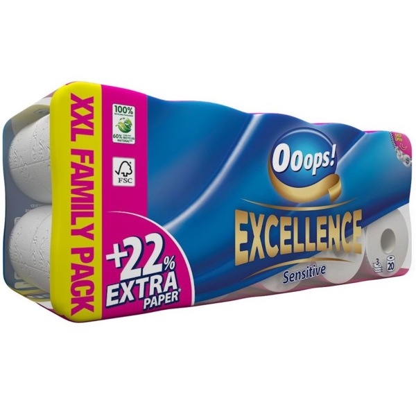 Туалетная бумага Ooops! Excellence Sensitive, трехслойная, 20 рулонов - Pampik