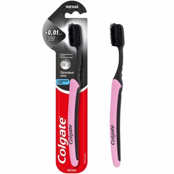 Зубная щетка Colgate Шелковые нити с древесным углем розовая (570267) - Pampik