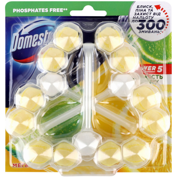 Блок для очистки унитаза Domestos Power 5 Свежесть лайма, 165 г (3 шт. х 55 г) - Pampik