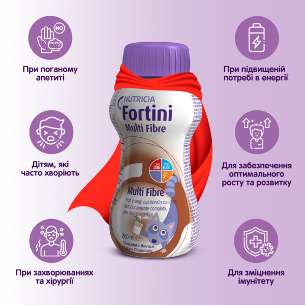 Дитяче ентеральне харчування Nutricia Fortini Multi Fibre зі смаком шоколаду, 200 мл - Pampik - 3