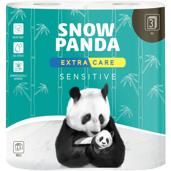 Тришаровий туалетний папір Сніжна Панда Extra Care Sensitive, 4 рулони - Pampik