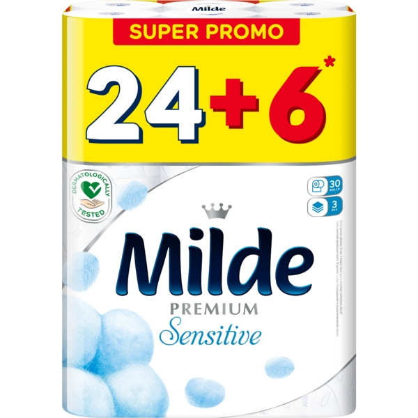 Туалетний папір Milde Relax Sensitive, 3 шари, 24+6 рулонів - Pampik