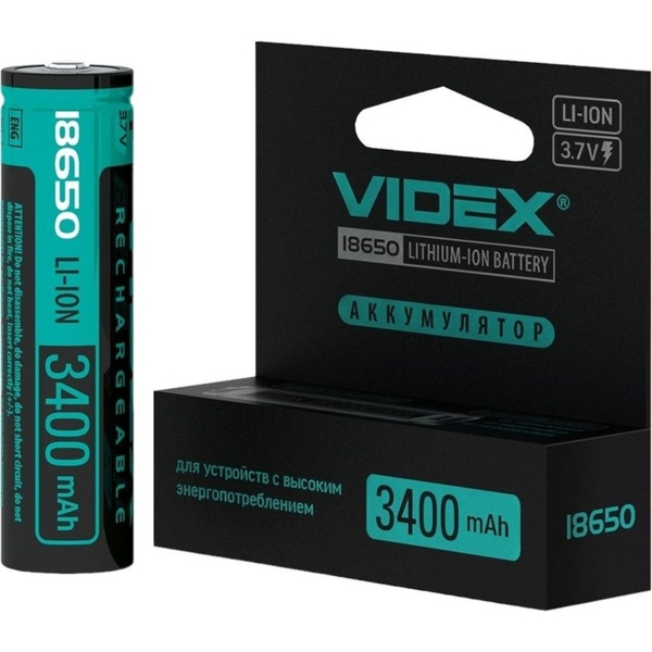 Акумулятор Videx Li-ion 18650-P із захистом 3400 mAh color box, 1 шт. (18650-P/3400/1CB) - Pampik