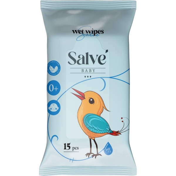 Детские влажные салфетки Salve синие, 15 шт. - Pampik
