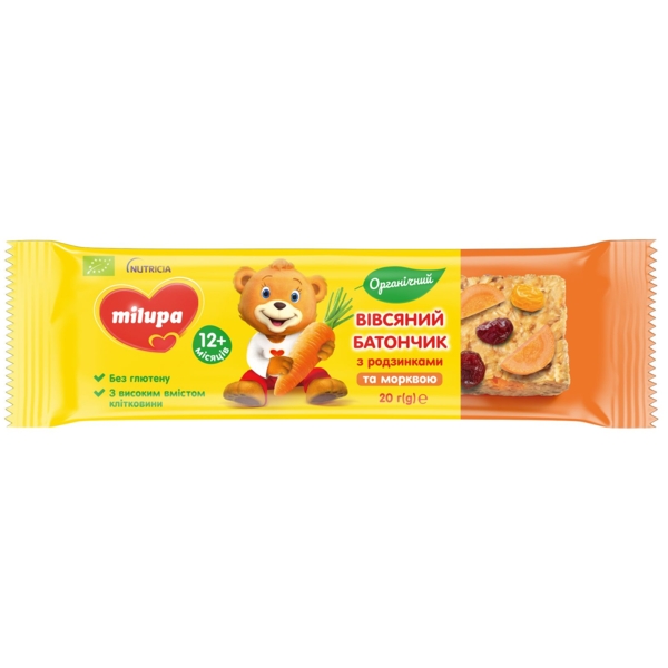 Батончик для детей Milupa овсяный с изюмом и морковью от 12 месяцев органический, 20 г - Pampik