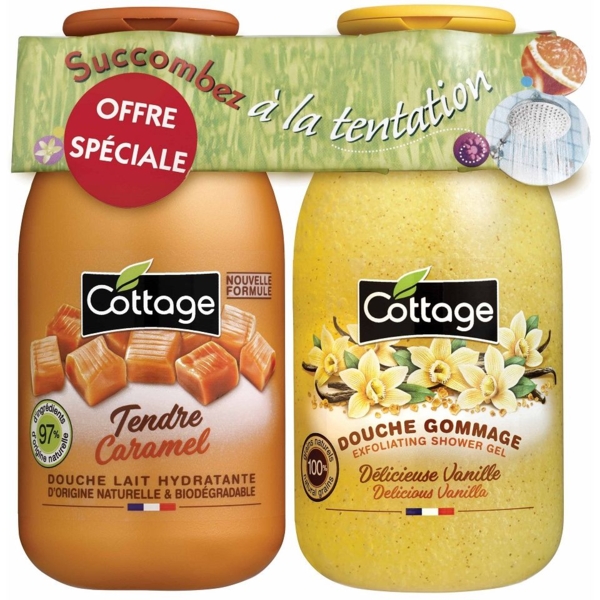 Набір Cottage Sweet Caramel & Delicious Vanilla молочко для душу 250 мл та гель-ексфоліант 270 мл - Pampik