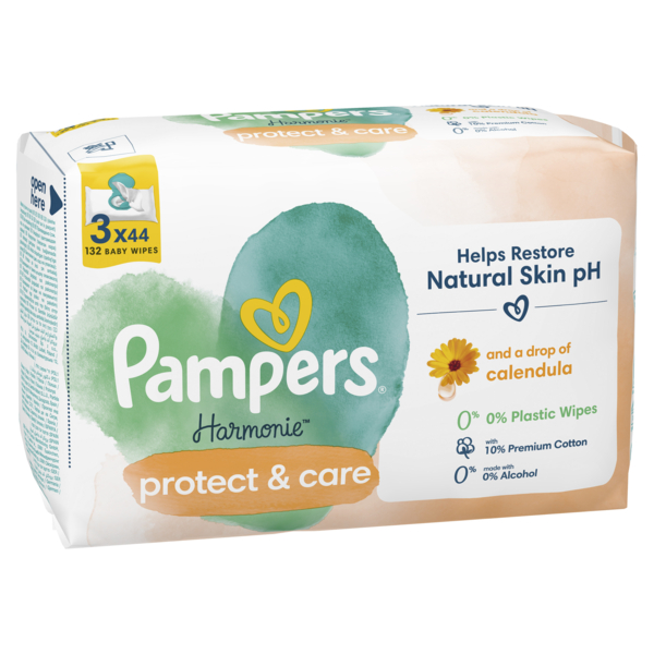 Дитячі вологі серветки Pampers Harmonie Calendula, 132 шт. (3 уп. по 44 шт.) - Pampik - 3