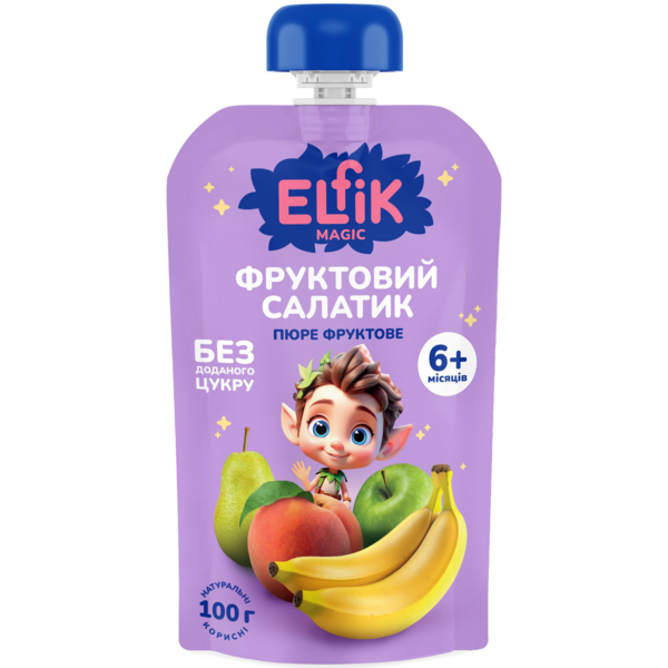 Пюре Elfik Magic Фруктовый салатик из яблок, груш, персиков и бананов, 100 г - Pampik