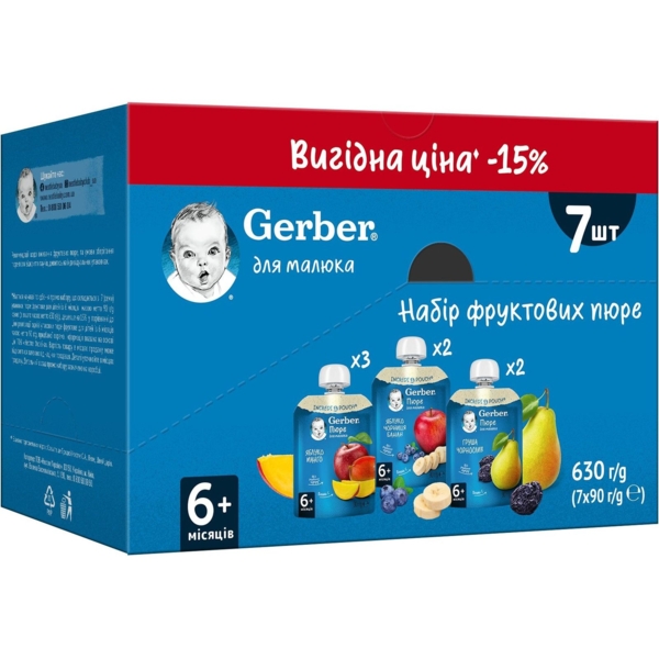 Набір фруктових пюре Gerber для дітей із 6 місяців, 630 г (7 шт. x 90 г) - Pampik - 2