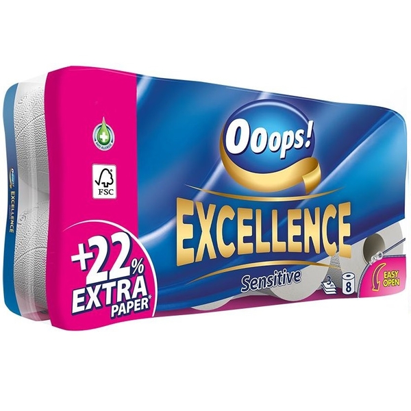 Туалетний папір Ooops! Excellence Sensitive, тришаровий, 8 рулонів - Pampik
