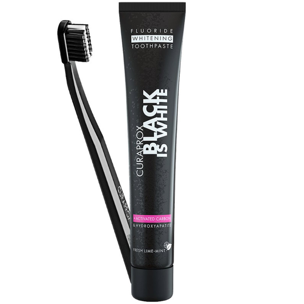 Набор: Зубная паста с активированным углем Curaprox Black is White, 90 мл + Зубная щетка Curaprox Ultra Soft CS5460 - Pampik