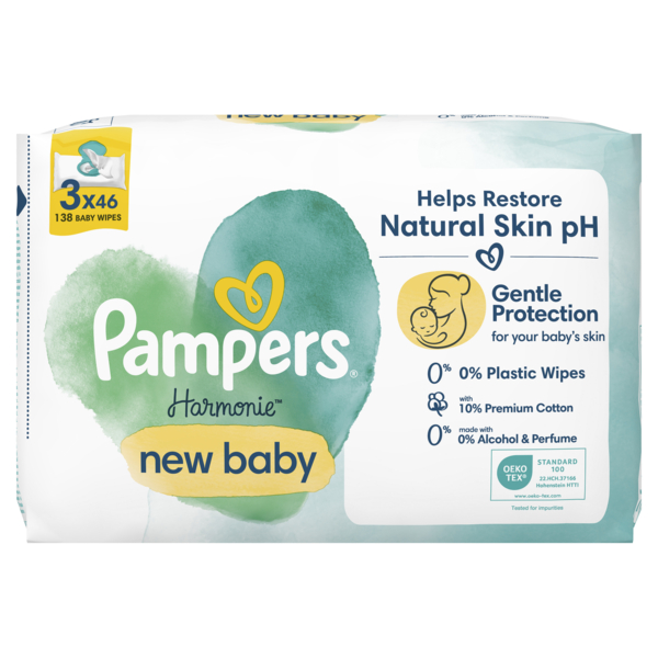 Дитячі вологі серветки Pampers Harmonie New Baby Aloe Vera, 138 шт. (3 уп. по 46 шт.) - Pampik - 2