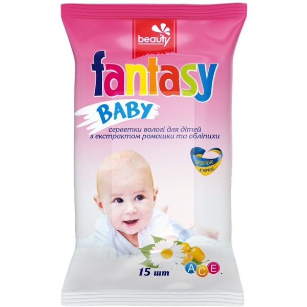 Салфетки влажные Fantasy Baby с экстрактом ромашки и облепихи,15 шт. - Pampik