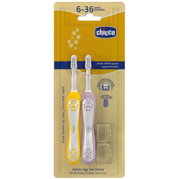 Зубная щетка Chicco для первых зубов, 2 шт. , желтая с сиреневым - Pampik