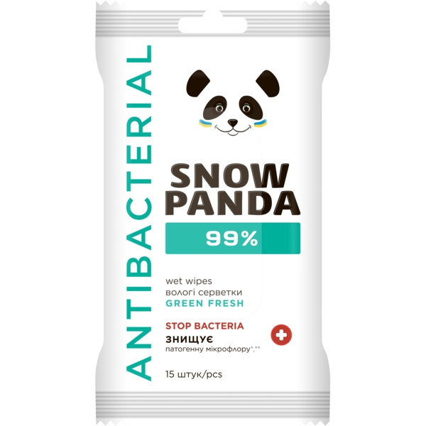 Салфетки влажные для рук и тела Снежная Панда Антимикробные 99.9% Green Fresh, 15 шт. - Pampik
