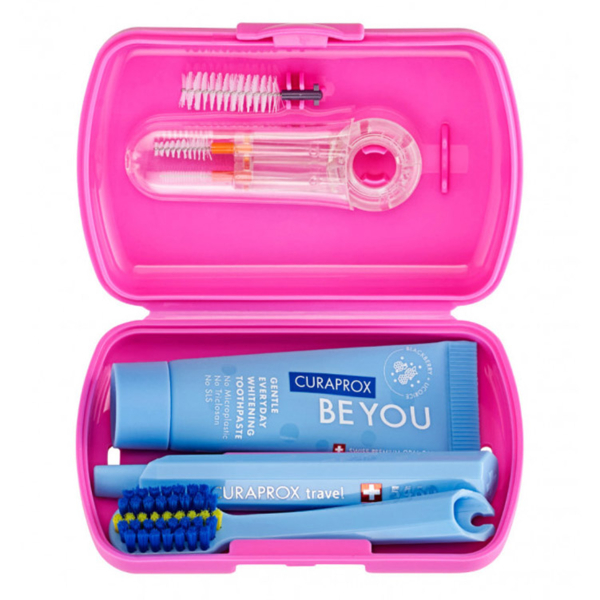 Дорожный набор по уходу за брекетами Curaprox Travel Set Ortho Pink: Раскладная щетка CS5460 + Зубная паста Be You, 10 мл + Ершики, 3 шт. + Тревел-кейс - Pampik