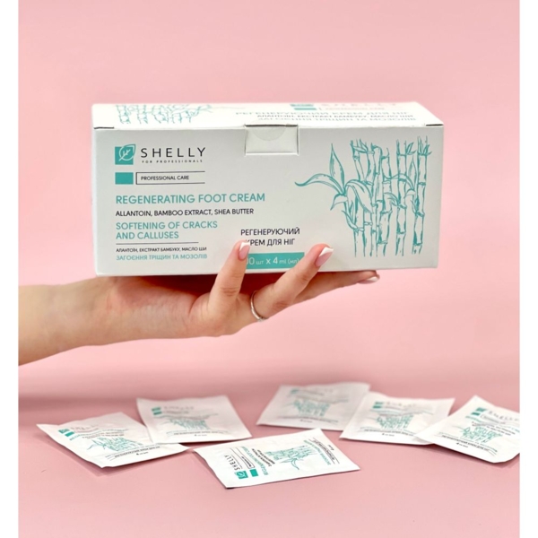 Крем для ніг Shelly регенеруючий з алантоїном, екстрактом бамбука і маслом ши, 400 мл (4 мл х 100 шт.) - Pampik - 5