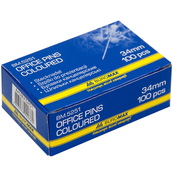 Шпильки канцелярські Buromax кольорові 34 мм 100 шт. (BM.5251) - Pampik