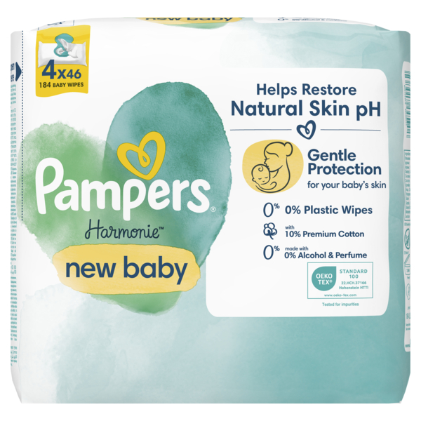 Дитячі вологі серветки Pampers Harmonie New Baby, 184 шт. (4 уп. по 46 шт.) - Pampik - 2