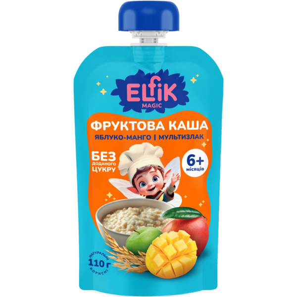 Фруктова каша Elfik Magic з яблук, мультизлакової каші та манго, 110 г - Pampik