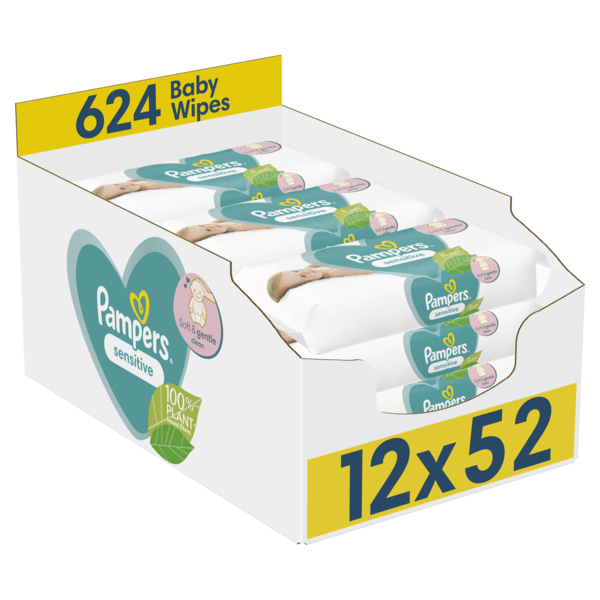 Дитячі вологі серветки Pampers Sensitive, 624 шт. (12 уп. по 52 шт.) - Pampik