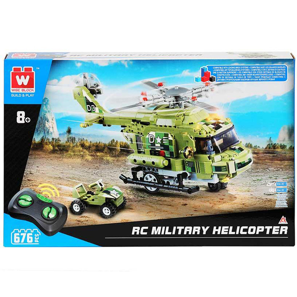 Машинка-конструктор делюкс на дистанційному керуванні Wise Block Військовий гелікоптер 676 деталей (EU389802) - Pampik