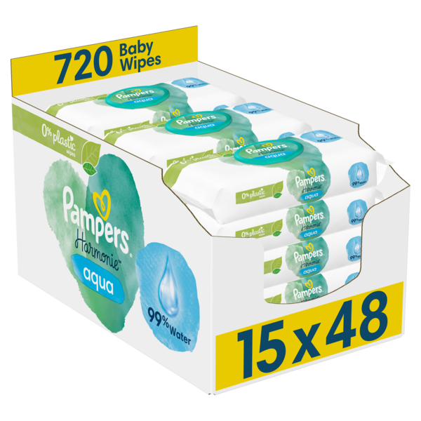 Дитячі вологі серветки Pampers Harmonie Aqua, 720 шт. (15 уп. по 48 шт.) - Pampik