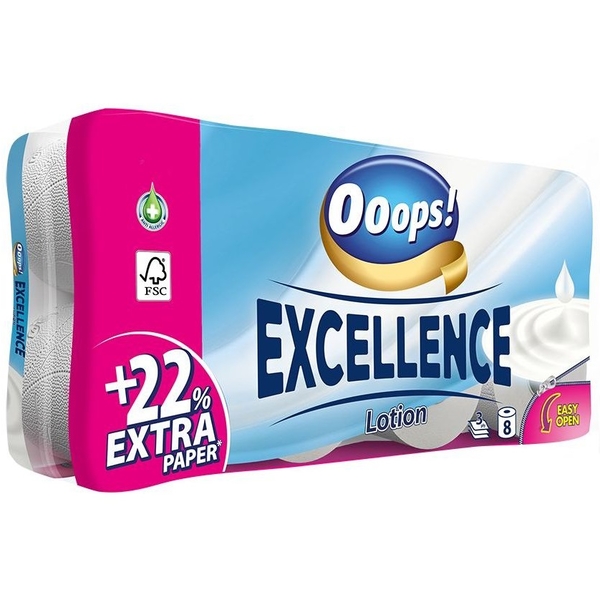 Туалетний папір Ooops! Excellence Lotion, тришаровий, 8 рулонів - Pampik