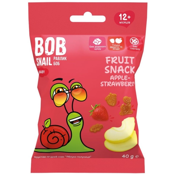 Натуральні снеки для дітей Bob Snail Яблуко та полуниця, 40 г - Pampik